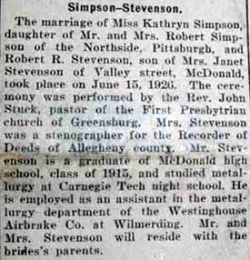 Marriage Notice for Robert R. STEVENSON to Kathryn Simpson, 15 Jun 1926