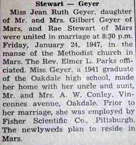 Marriage Notice for Rae STEWART to Jean Ruth Geyer, 24 Jan 1947