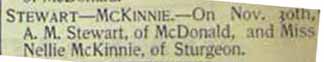 Marriage Notice for A. M. STEWART to Nellie McKinnie, 30 Nov 1900