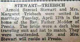 Marriage Notice for Arnold Samuel STEWART to Mrs. Margaret Triebsch, 12 Apr 1921