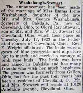 Marriage Notice for Cloyd Ray STEWART to Emma Irene Washabaugh, 17 Jul 1923