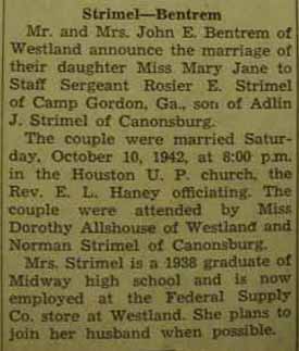 Marriage Notice for Rosier E. STRIMEL to Mary Jane Bentrem, 10 Oct 1942