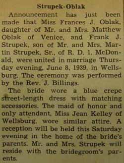 Marriage Notice for Frank J. STRUPEK to Frances J. Oblak, 8 Jun 1939