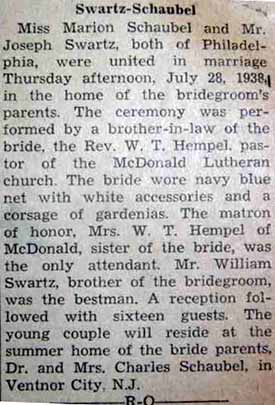 Marriage Notice for Joseph SWARTZ to Marion Schaubel, 28 Jul 1938