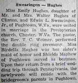 Marriage Notice for Edwin L. SWEARINGEN to Emily Hughes, no date, in 10-31-1947 paper