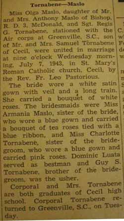 Marriage Notice for 
Regis G. TORNABENE to Olga Maslo, 7 Jul 1943