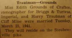 Marriage notice for 
Harry TRAUTMAN to Edith Grounds, 25 Mar 1941