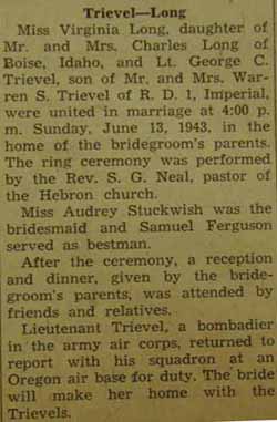 Marriage Notice for George C. TRIEVEL to Virginia Long, 13 Jun 1943