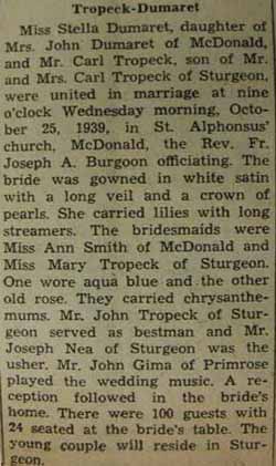 Marriage notice for 
Carl TROPECK to Stella Dumaret, 25 Oct 1939