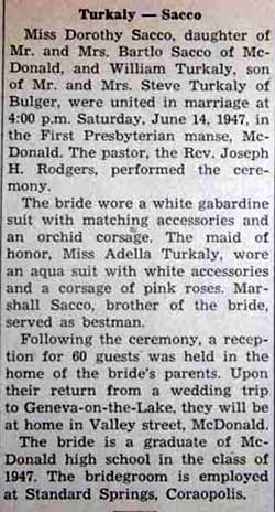 Marriage Notice for William TURKALY to Dorothy Sacco, 14 Jun 1947