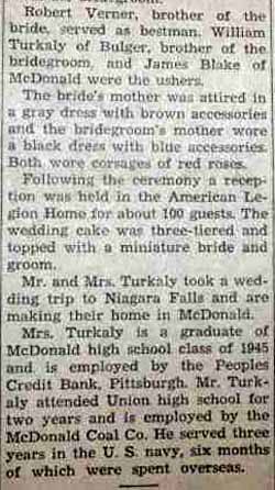 Part 3 Marriage Notice for Steve TURKALY to Doris Verner, 1 Oct 1947