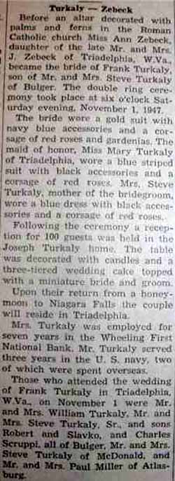 Marriage Notice for Frank TURKALY to Ann Zebeck, 1 Nov 1947