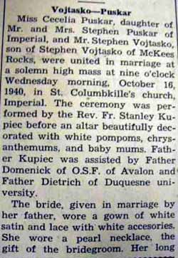 Part 1 Marriage Notice for Stephen VOJTASKO to Cecelia Puskar, 16 Oct 1940