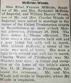 Marriage Notice for William Harvey WOODS to Ethel Frances McBride, 18 Feb 1924