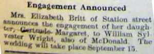 William Sylvester WRIGHT to Gertrude Margaret Britt, 15 Sep 1914