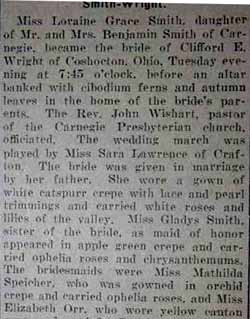 Part 1 Marriage Notice for Clifford E. WRIGHT to Loraine Grace Smith, no date, in 9-26-1924 paper