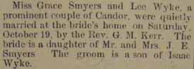 Marriage Notice for 
Lee WYKE to Grace Smyers, 19 Oct 1912