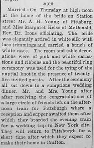 Marriage Notice for Mr. A. H. YOUNG to Miss Margaret KELSO, Thursday, no date, 1906