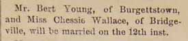 Marriage Notice for Bert YOUNG to Chessie Wallace, 12 Nov 1893